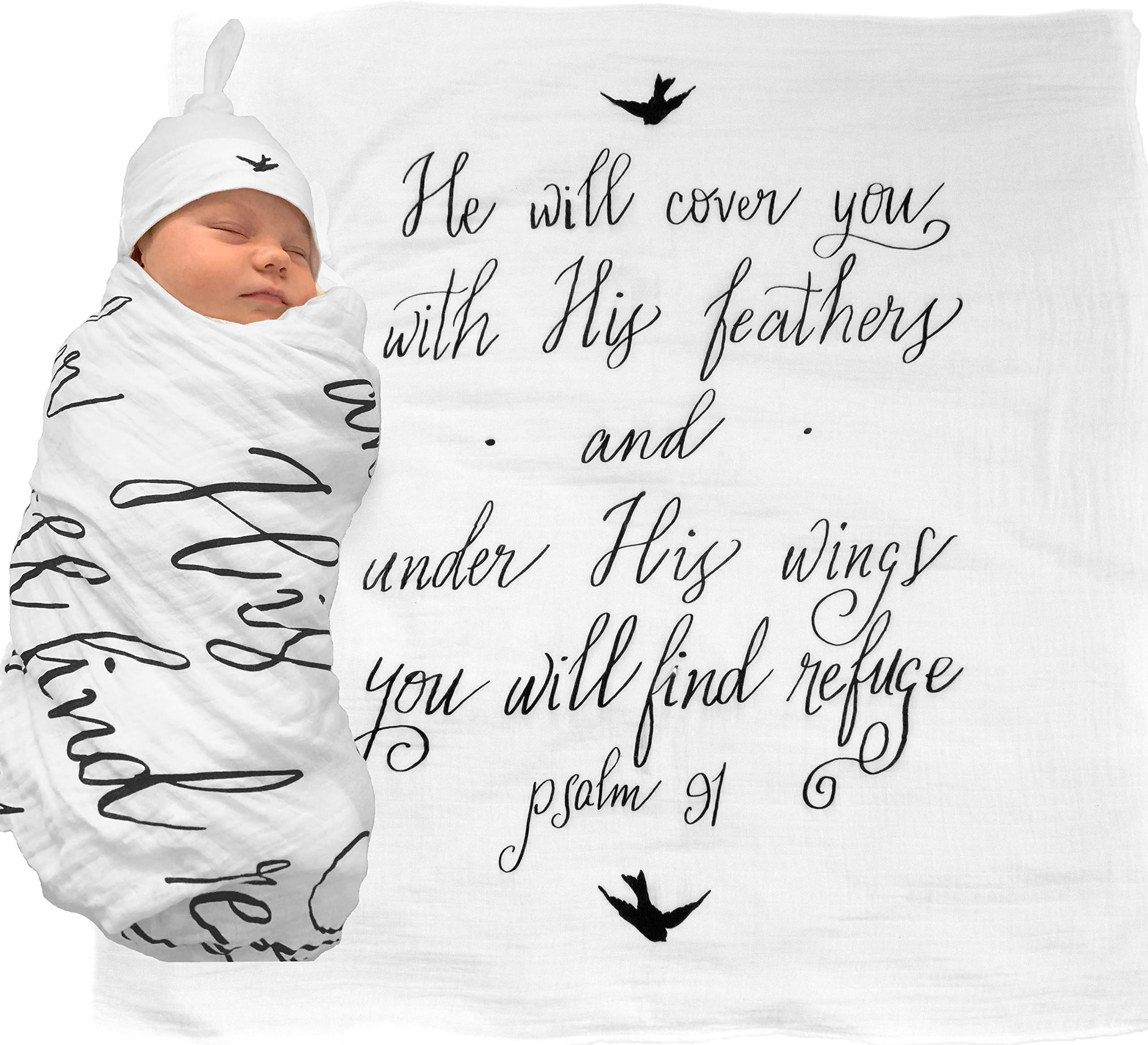 Muslin Swaddle & Bonus Baby Hat with Scripture Quote (Psalm 91) - 100% Organic Unbleached Cotton - Swaddle/Blanket is a Unique Shower & Baptism Gift -