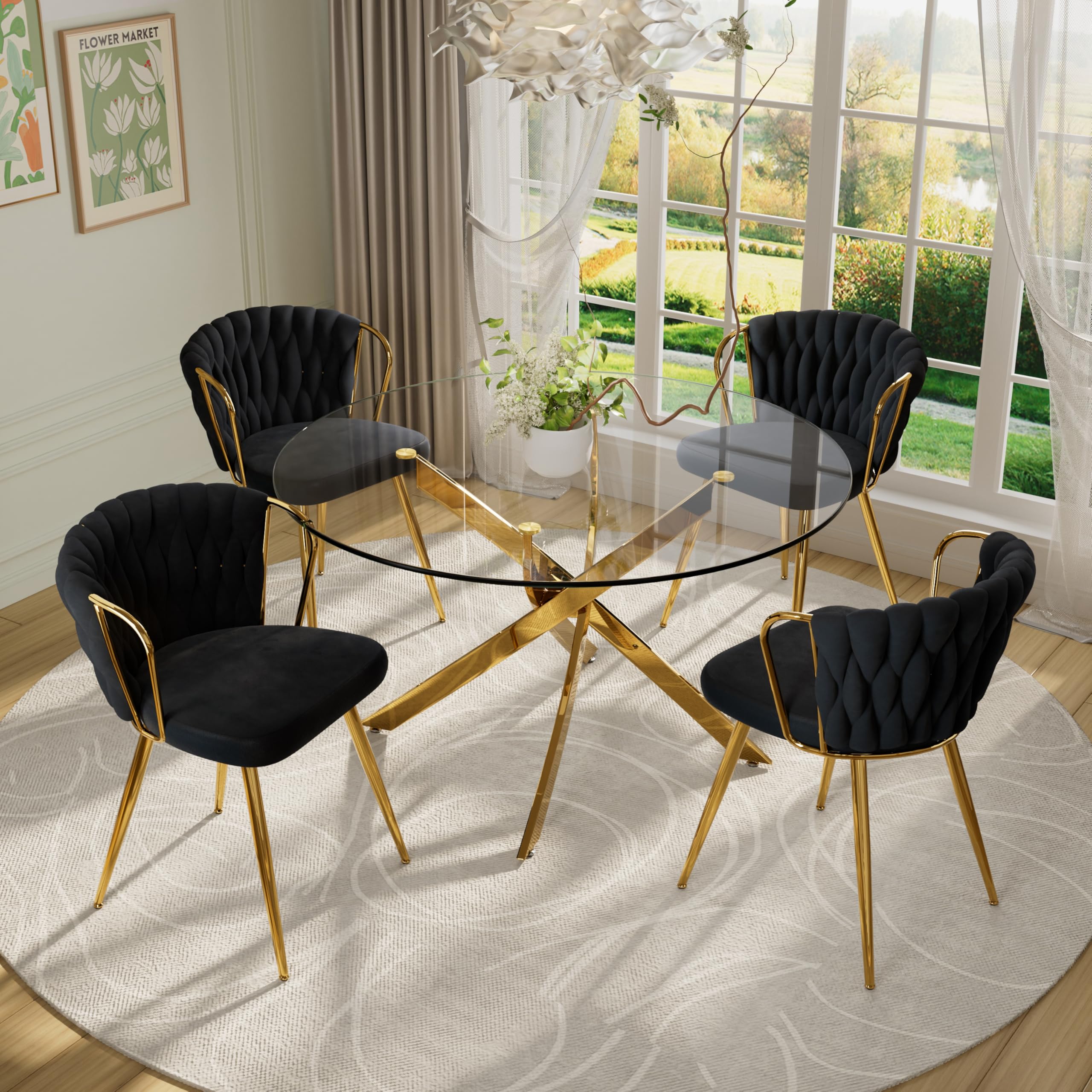 VAKTULS Round Glass Dining Table Set for 4, 5 Piece Modern Dining Table Set, 47'' Circle Gold Dinette Table Set for 4,Clear Kitchen Table with Black