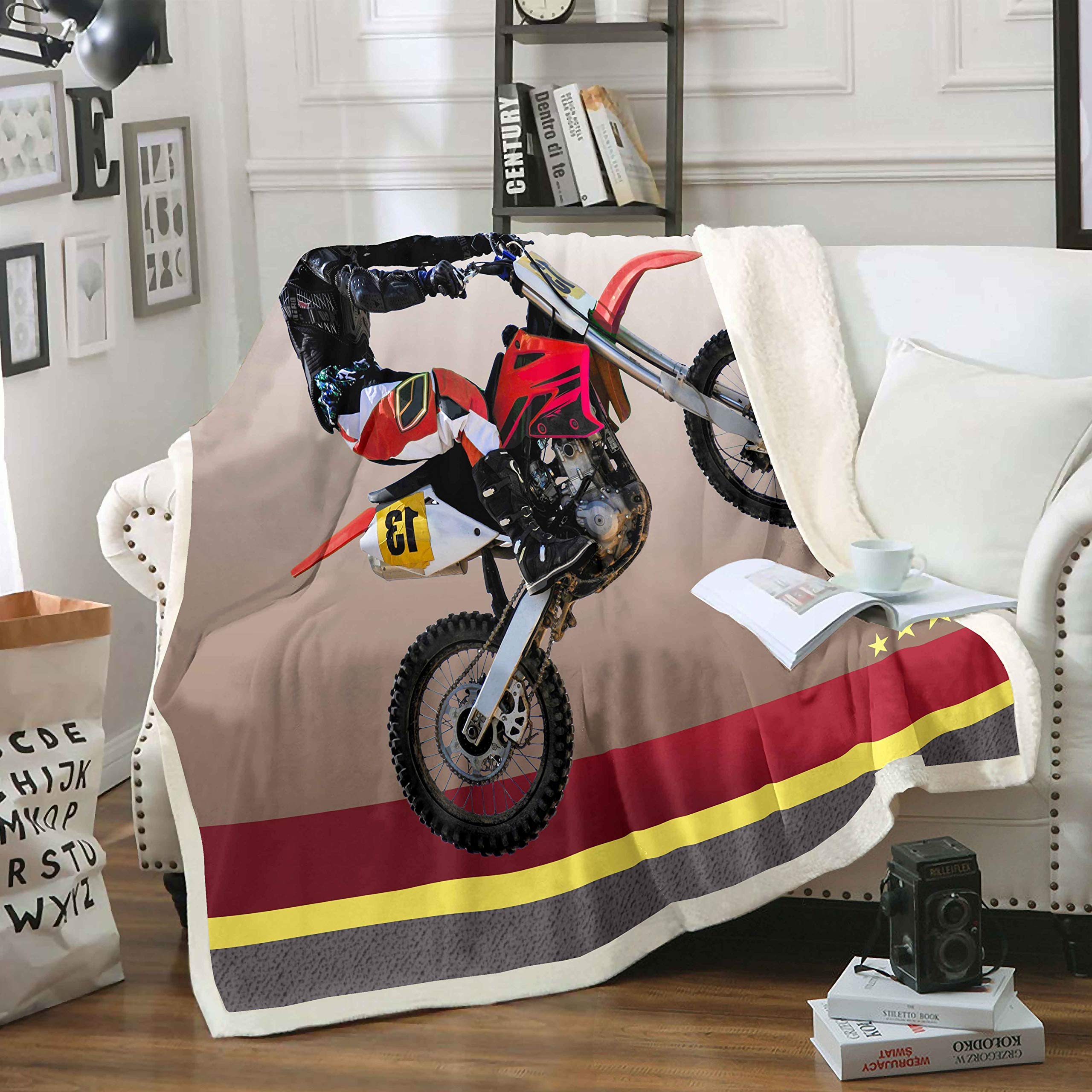 Loussiesd 3D Dirt Bike Sherpa Blanket Motocross Racer Extreme Sports Fleece Throw Blanket for Kids Boys Racing Motorcycle Plush Blanket Motorbike Fuzzy Blanket for Sofa Bed Couch Baby 30x40 Inch