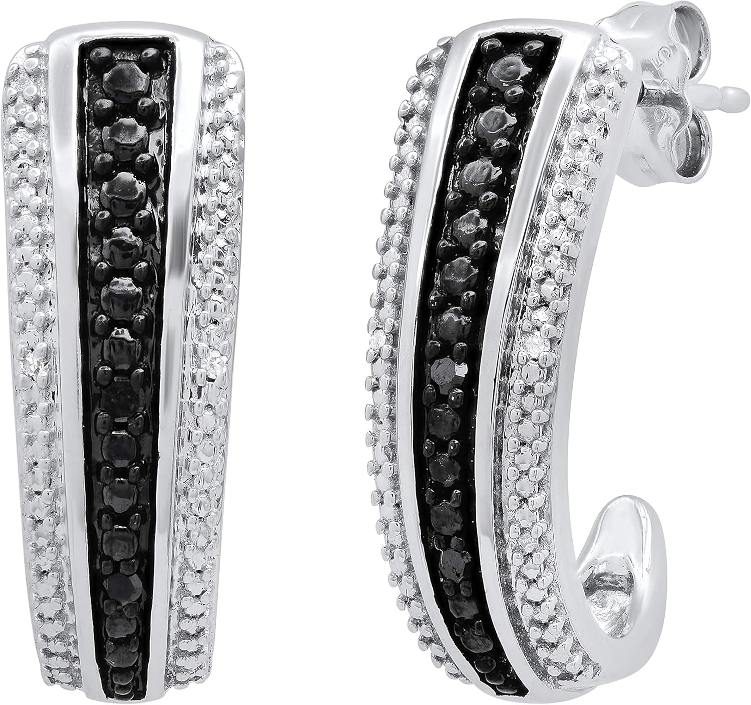 Dazzlingrock Collection Round Black & White Diamond Accent Ladies J Shape Hoop Earrings, Sterling Silver