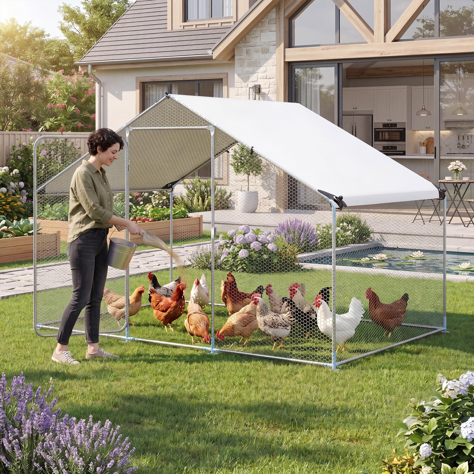 GYMAX Gallinero para Exterior Grande, 300 x 203 x 202 cm Jaula Gallinas de Metal con Corral Accesible, Cubierta Impermeable, Puerta Bloqueable y Estacas, Recinto Gallinero para Jardín, Granja