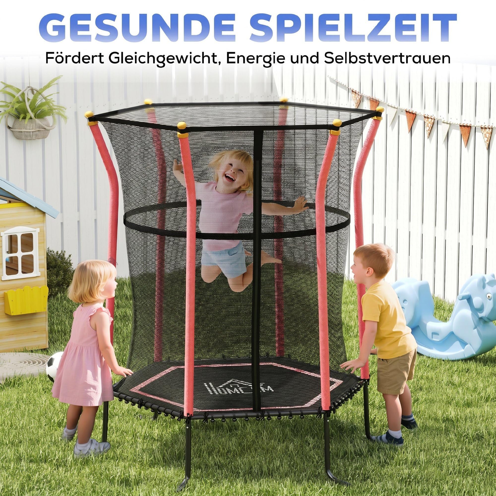 HOMCOM Trampolin Outdoor, Kindertrampolin Gartentrampolin mit Sicherheitsnetz, Randabdeckung für Kinder 3-10 Jahre bis 50 kg belastbar