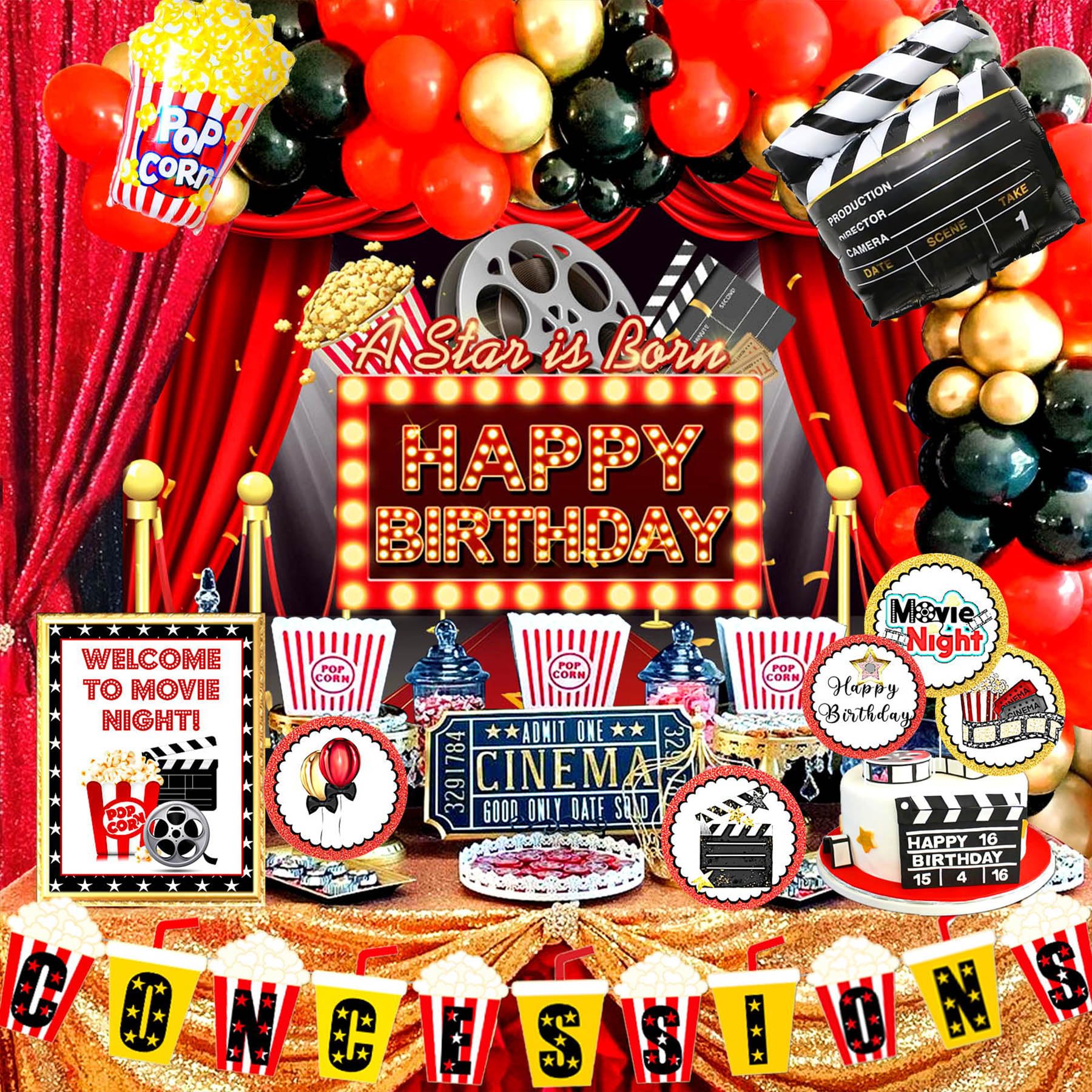 Movie Theme Birthday Party Decorations, Movie Theater Decorations, Backdrop, Balloons Arch,Popcorn Camera Clapboard foil balloons for Movie Night Birthday Party Decorations