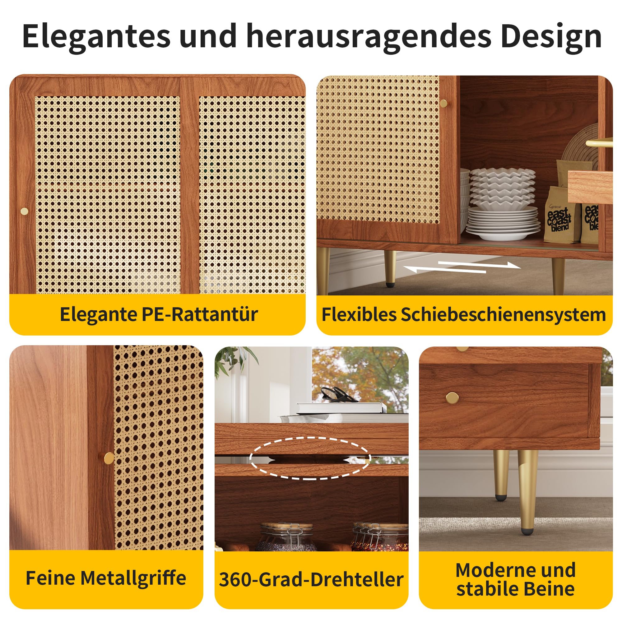 Merax Ausziehbarer Bartisch mit Stauraum, Um 360° drehbarer Stehtisch mit klappbarem Esstisch, schwarzer ausziehbarer Design-Stehtisch, mit Rattantür & Lagerregal, Braun/120-187X80X76CM