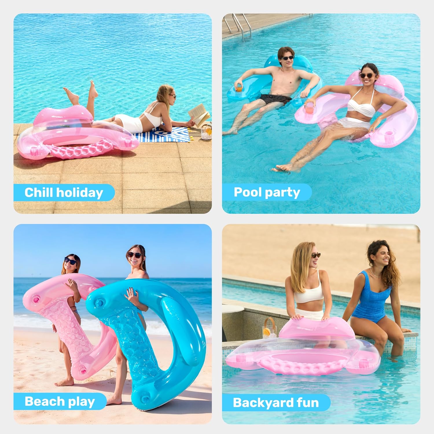 SLOOSH Inflatable Pool Floats Adult,2 Pack Pool Chairs with Cup Holders,X-Large Blow up Floats Chair,Hammock Noodle Mat for Relaxing Summer Water Fun Swimming Party Beach