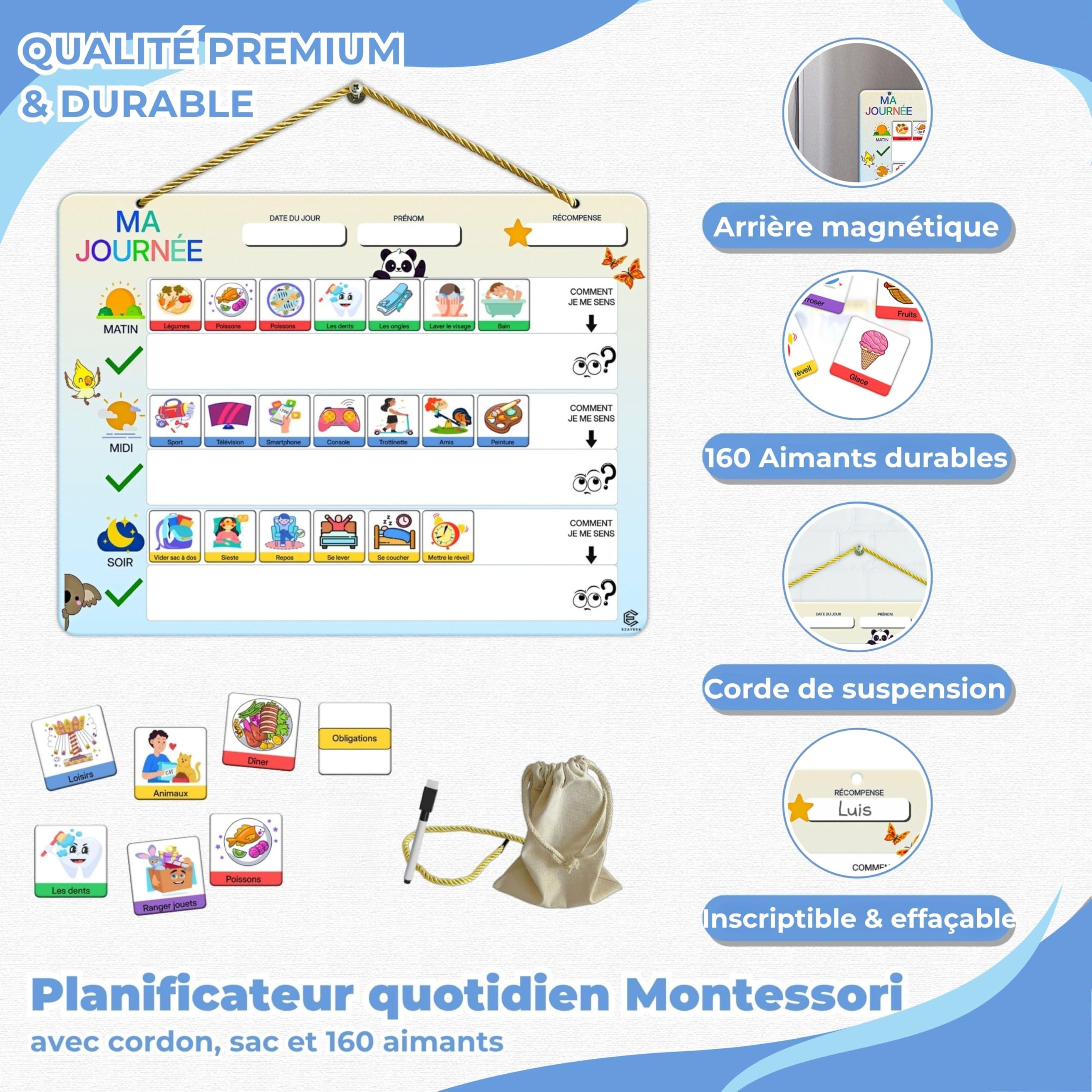 Tableau Routine Enfant - Calendrier Educatif Montessori - Calendrier Magnétique x160 Aimants - Tableau Organisation Famille - Le Cadeau Ideal (De 3 A 12 Ans)