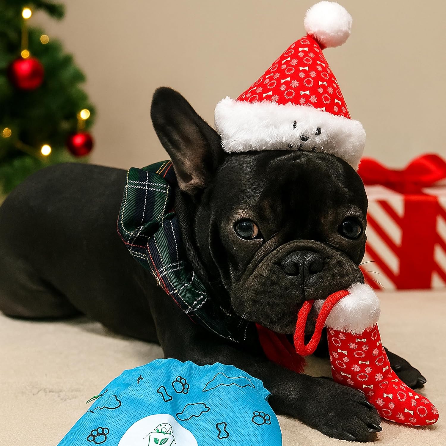 Christmas Stocking Nose-Work Plush Dog Toy, Durable Soft Squeaky with Hidden Treat Pocket, Crinkle Paper Sound, Hangable Design for Small, Medium & Large Dogs