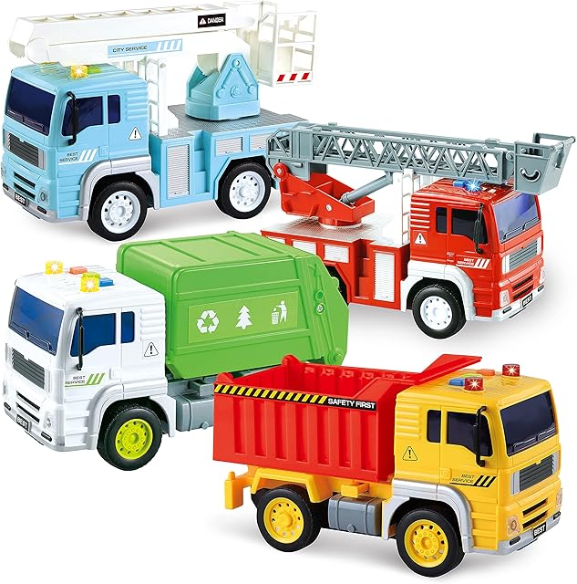 JOYIN 4 Pack Friction Powered City Vehicles Including Garbage Truck, Fire Engine Truck, Boom Lift Truck and Construction Dump Truck with Lights and Sounds