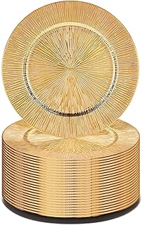 Value Set of 24 Charger Plates, Gold Plastic Dinner Chargers 13 Inch Multi-Use for Holiday Decor Restaurant Catering Special Events