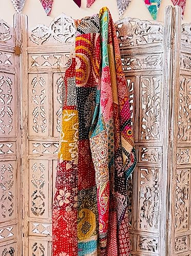 Juego de 1 edredón Kantha de algodón de retazos vintage indio, 55 x 85 pulgadas, parches surtidos de algodón Kantha bordado a mano