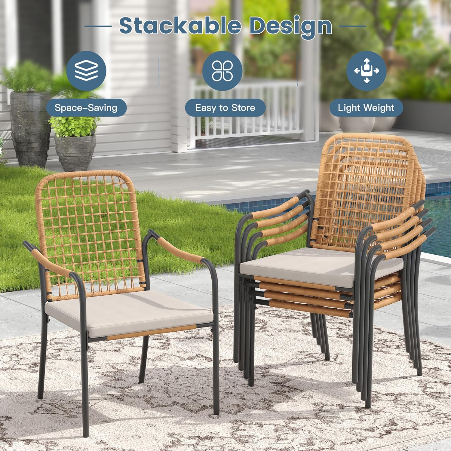 DIFY 11 Pieces Outdoor Dining Set for 10, Patio Furniture Set of 10 Wicker Patio Chairs with Soft Cushions and 63" Black Round Metal Table with Umbrella Hole, for Backyard Garden Deck, Wheat Rattan