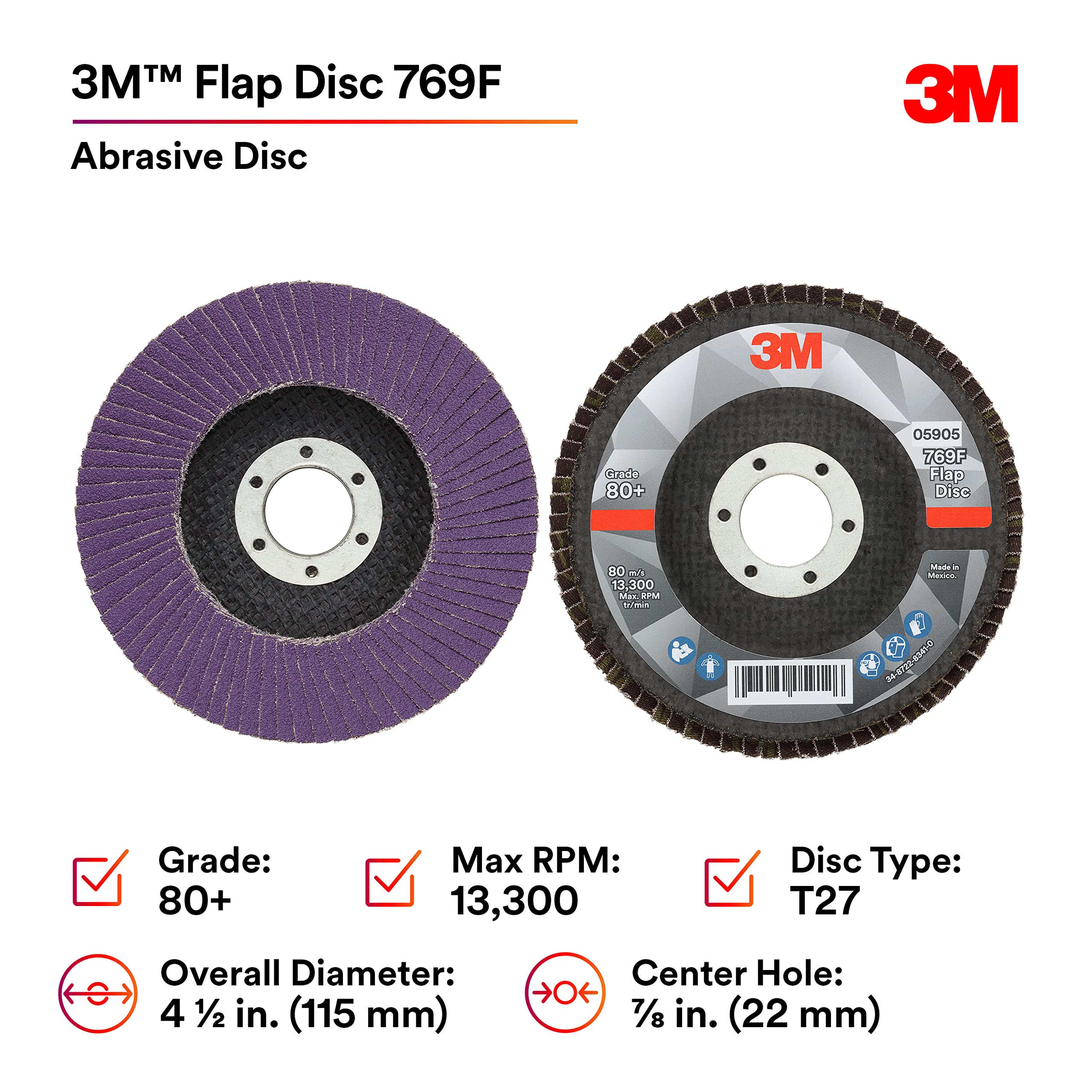 Cubitron 3M Disco de solapa 769F, tipo 27, 80+, 4-1/2" x 7/8", abrasivo de alto rendimiento, disco de pulido y acabado de grano en forma de precisión, acero al carbono, acero inoxidable