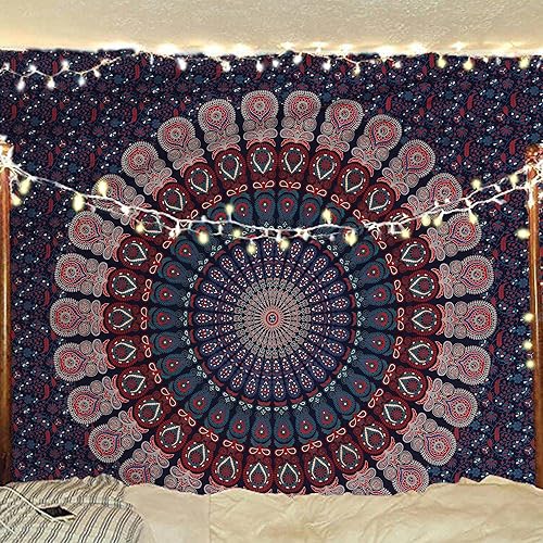 Miniatura 60 de Tapiz hippie indio bohemio psicodélico dorado mandala de pavo real azul dorado para colgar en la pared (naranja marrón, King (88 x 104 pulgadas)
