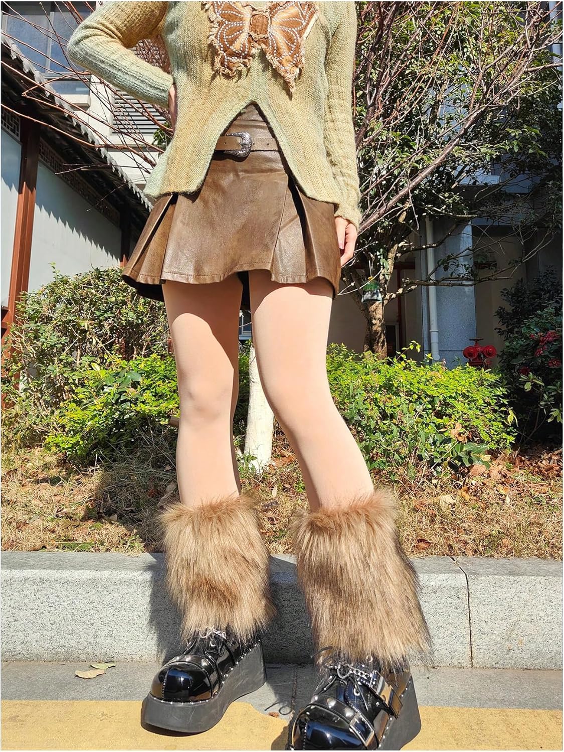 WDIRARA Women's Faux Fur Ankle Leg Warmers Fuzzy Leg Cuffs Winter Cuff Covers - Image 3