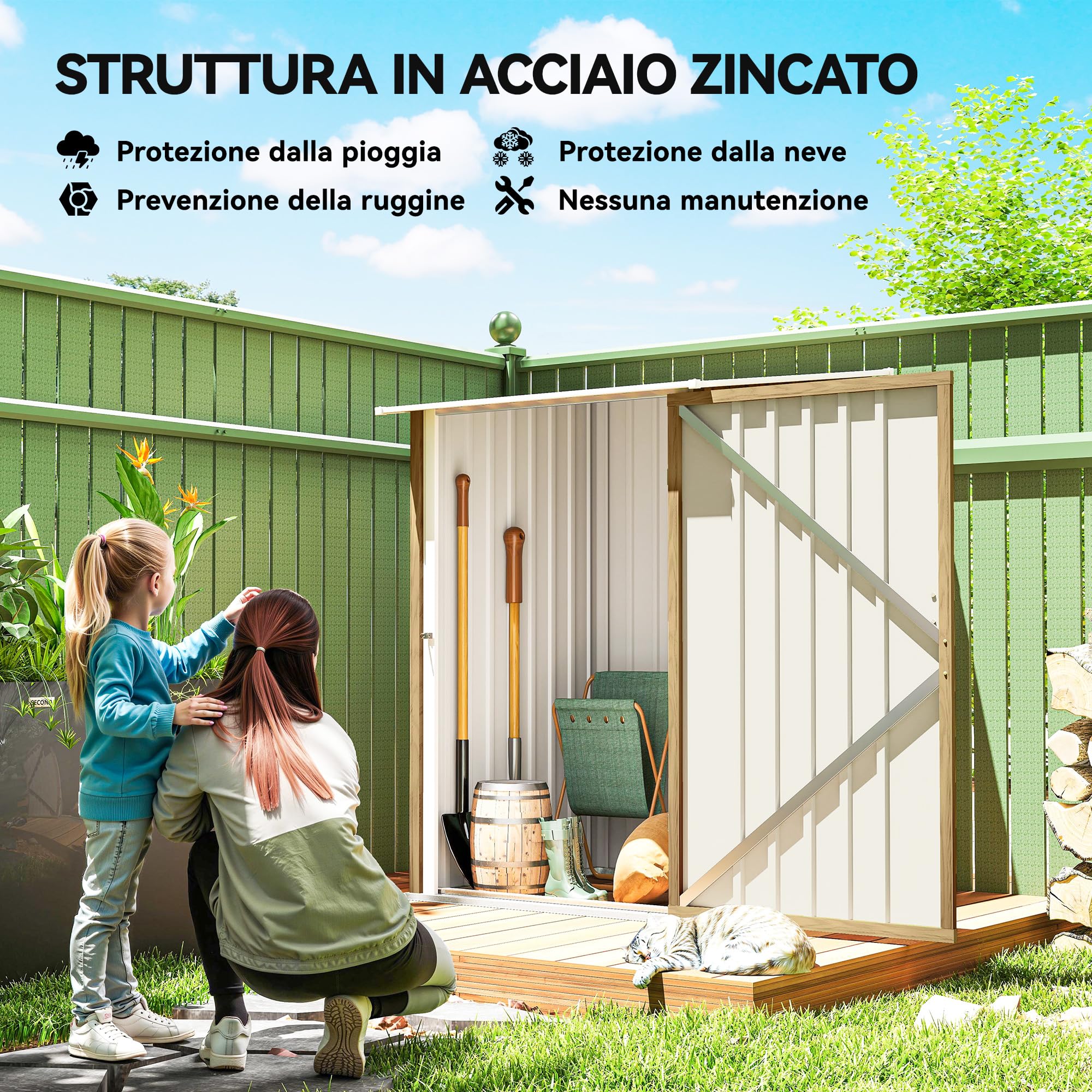 Outsunny Casetta da Giardino 0.92m² Acciaio Zincato 100x104x160 cm Marrone Chiaro Effetto Legno