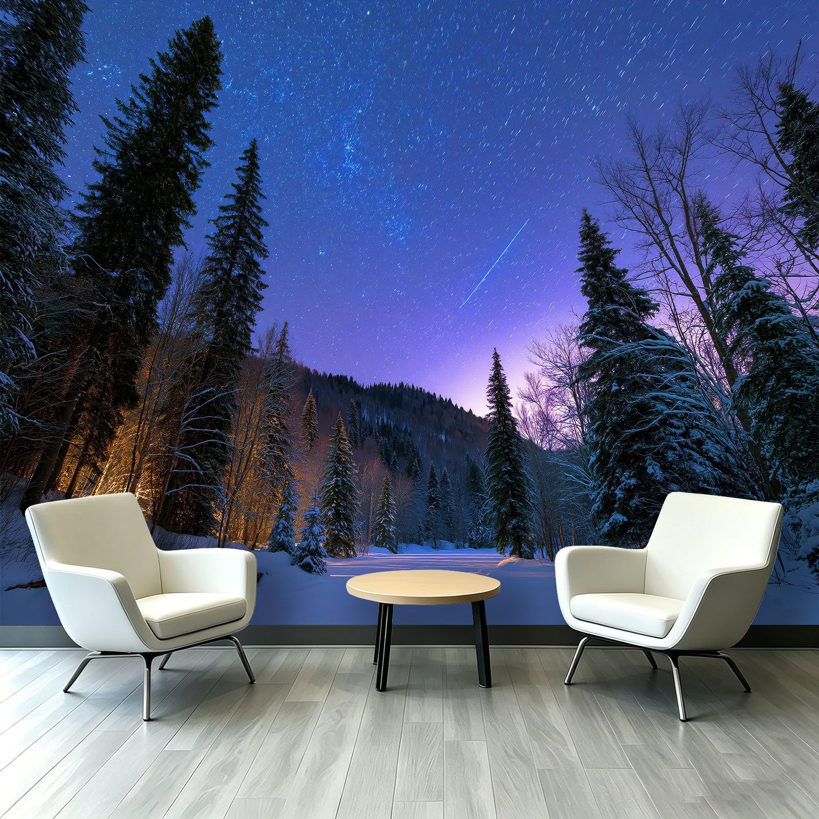 Fotografia gwiaździste niebo zima fototapeta 200 x 140 cm las meteor śnieg las sosnowy zdjęcie włóknina tapeta pokrycie ścian, dekoracja do salonu sypialni, akademika domu biura dekoracja