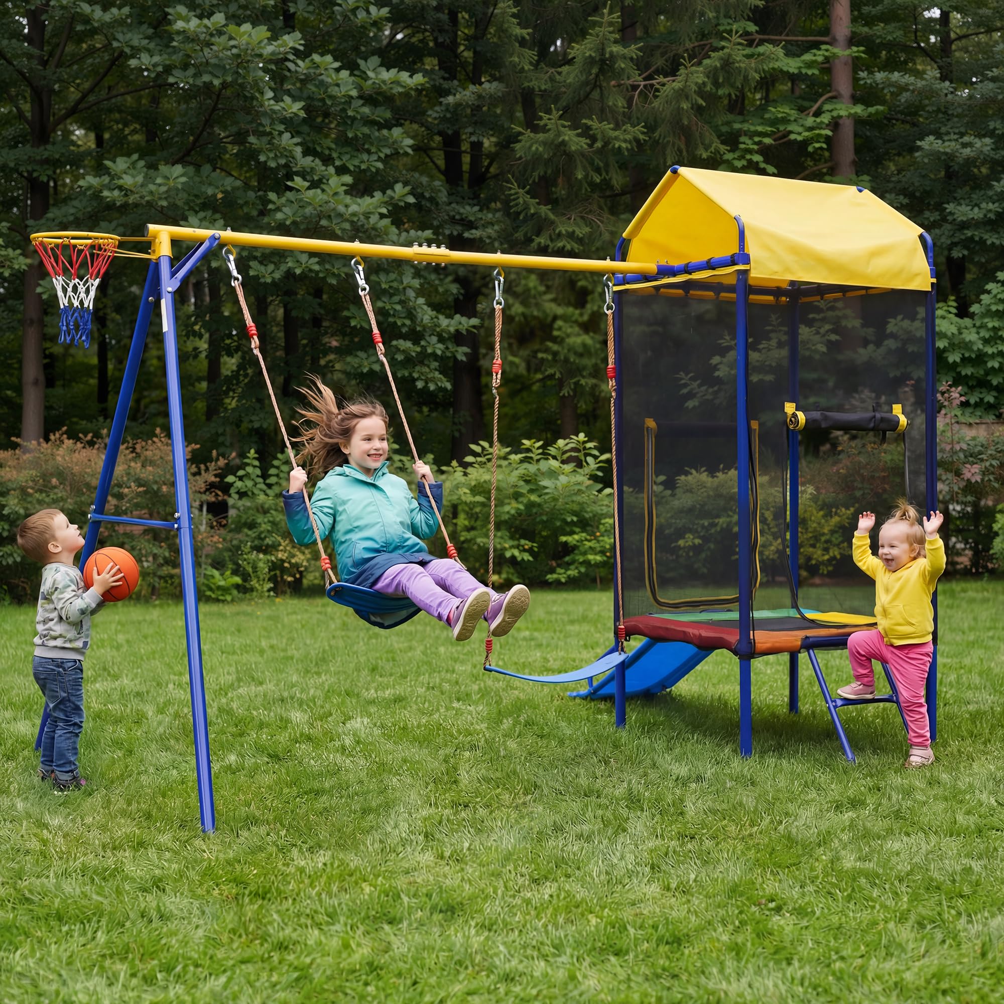 BTM Altalena da Giardino per Bambini Giochi da Giardino per Bambini Esterno con Trampolino, Altalena, Scivolo e Canestro da Basket