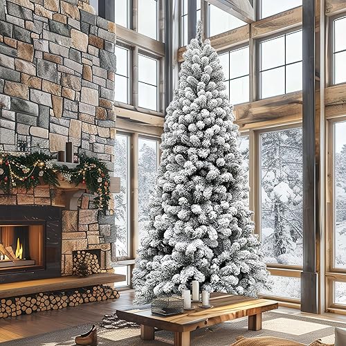 Miniatura 72 de Fraser Hill Farm Árbol de Navidad artificial flocado de pino de Alaska de 12 pies con luces LED blancas cálidas y soporte, árbol falso plegable