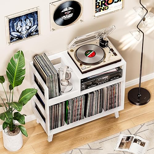 Miniatura 4 de Soporte para tocadiscos con almacenamiento de vinilo, soporte para tocadiscos moderno Mid-Century con capacidad para más de 150 álbumes, mesa de