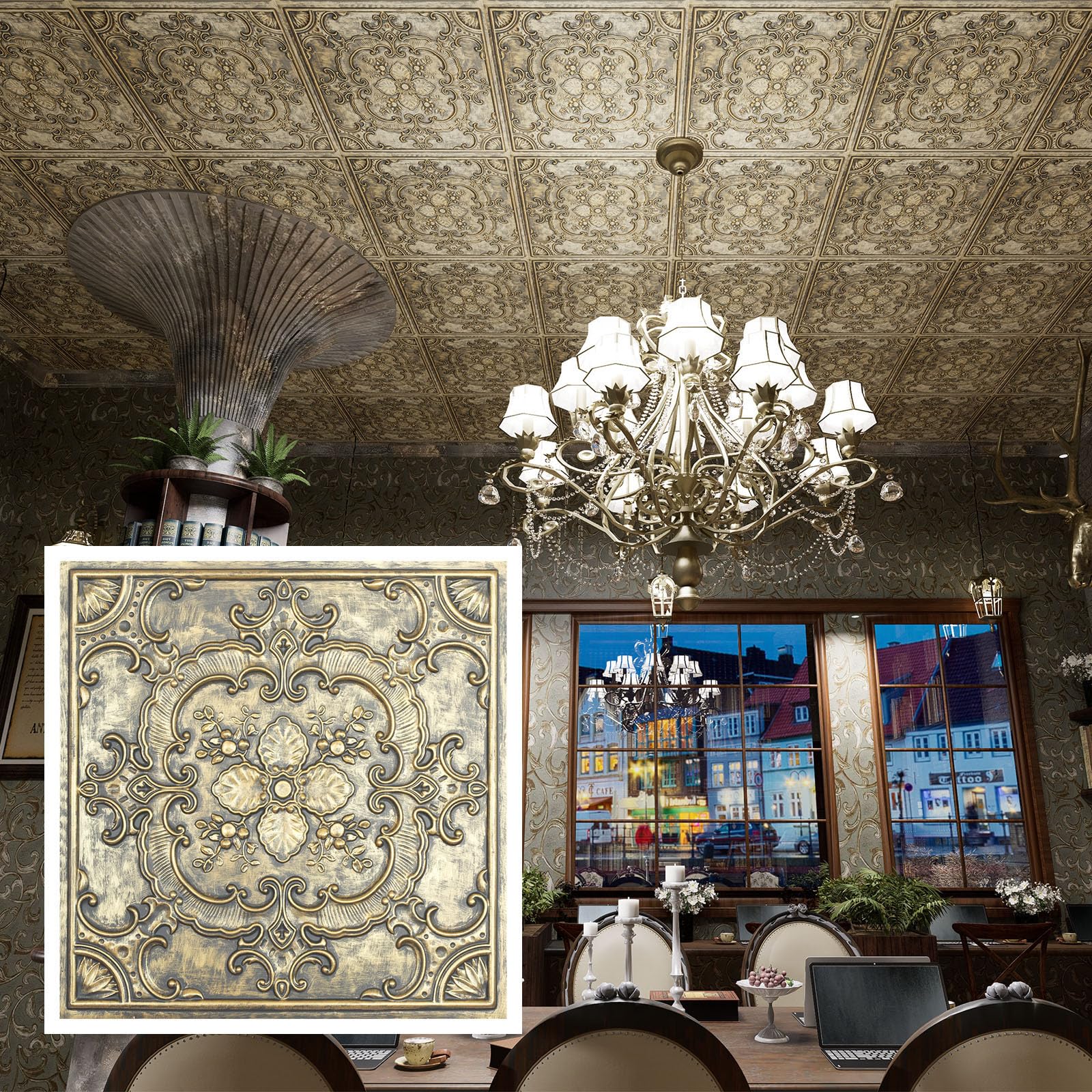 Paintsdecor Ancient Gold Square Ceiling Tiles, Decorative Pvc Panels, For Office Building Pl19 10Tiles/Lot (Ancient Gold)