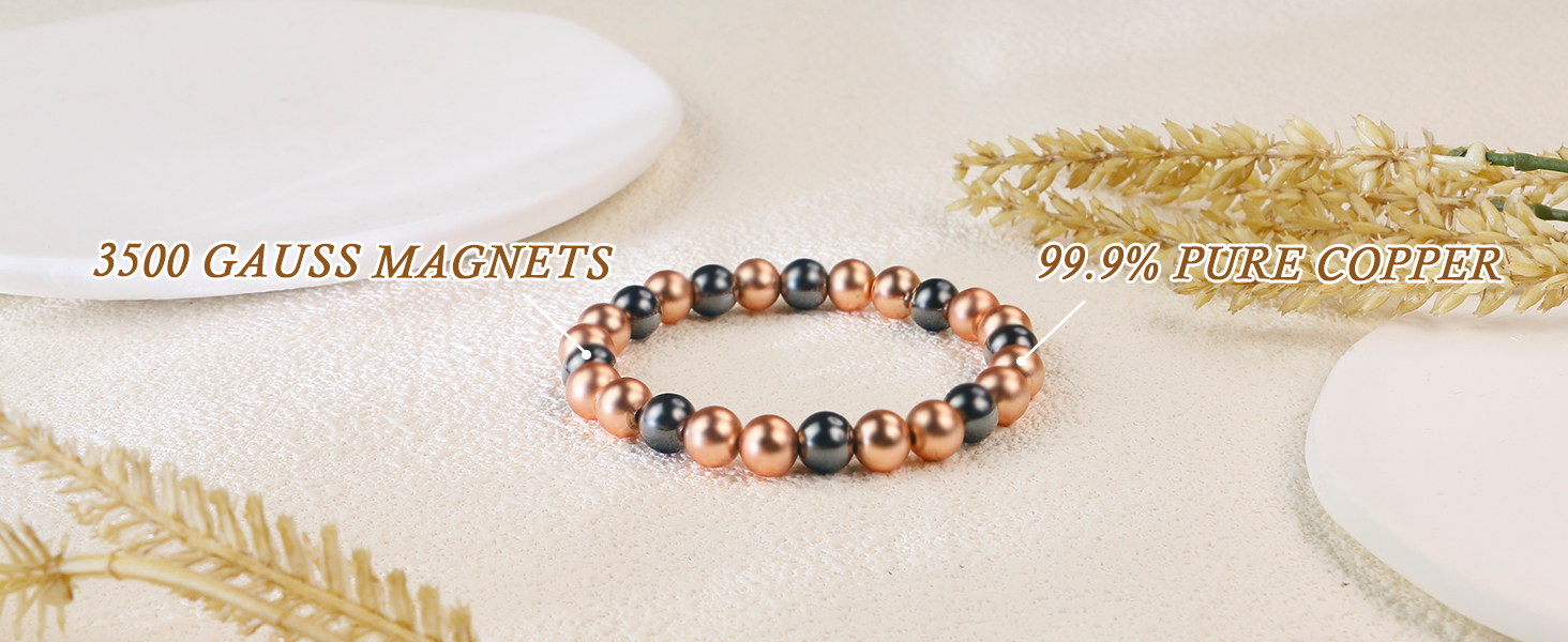 PEALICIOUS Copper Bracelet for Women and Men, 8MM Copper Magnetic Bracelet with 3500 Gauss Magnet Beads as Rakhi Gift for Sister, Cooper Hematite Jewelry Pulsera De Cobre para Mujer for Parents