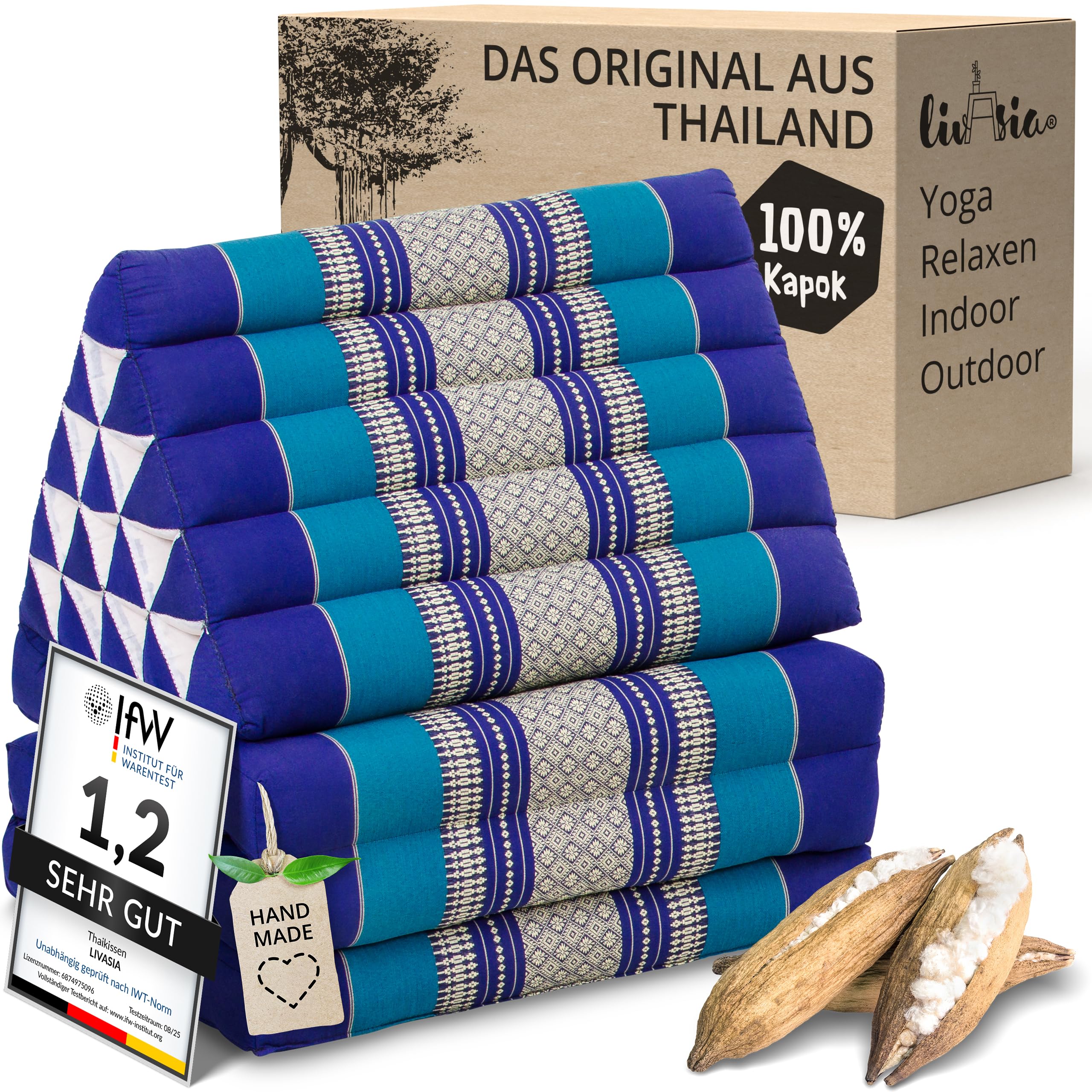 livasia Thaikissen 3 Auflagen extrahoch - 185x55x8cm - Dreieckskissen mit Klappmatratze, Kapok, Jumbo Rückenkissen faltbar, Thaimatte Klappen, handgefertigt, Meditationskissen (Blau)