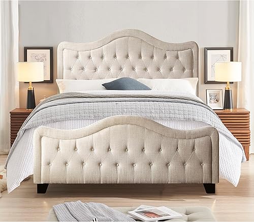 Miniatura 22 de Rosevera Turin Linen - Cama tapizada con paneles y cabecero capitonado con botones ajustables para dormitorio, tamaño Queen, color gris