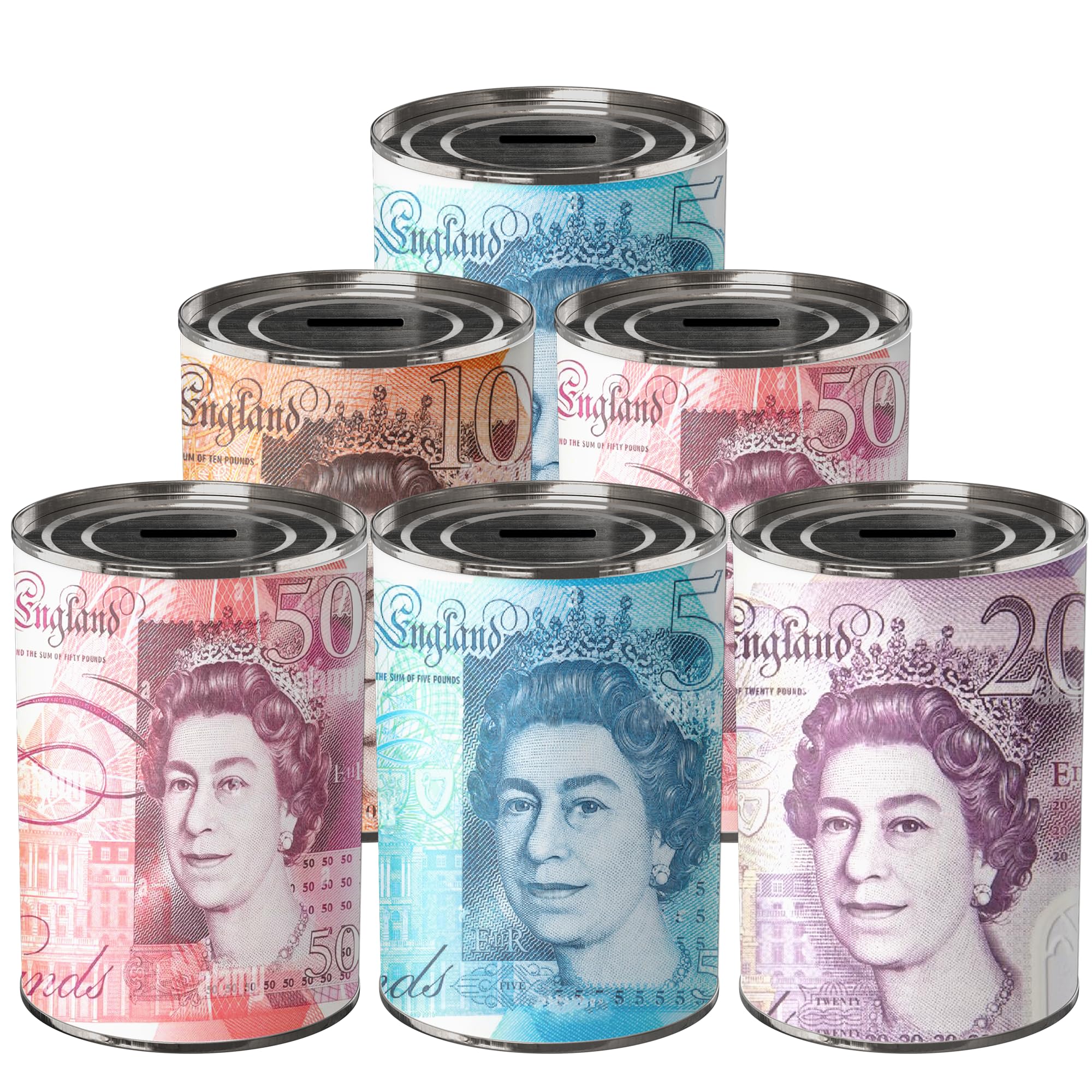 GULLAIIR 6Pcs MONEY TIN BOX Sterling Bank Note - Tin Piggy Bank, Coin Can, Savings Can, Birthday & Holiday Fund (6pcs MEDIUM RANDOM)