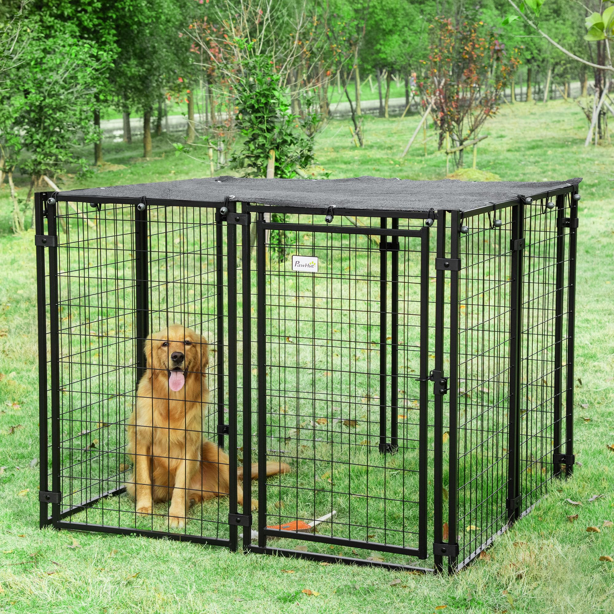 PawHut Recinto per Cani in Acciaio Pieghevole con Copertura, Box per Animali a 8 Pannelli con Porta Bloccabile, 141x141x113cm, Nero