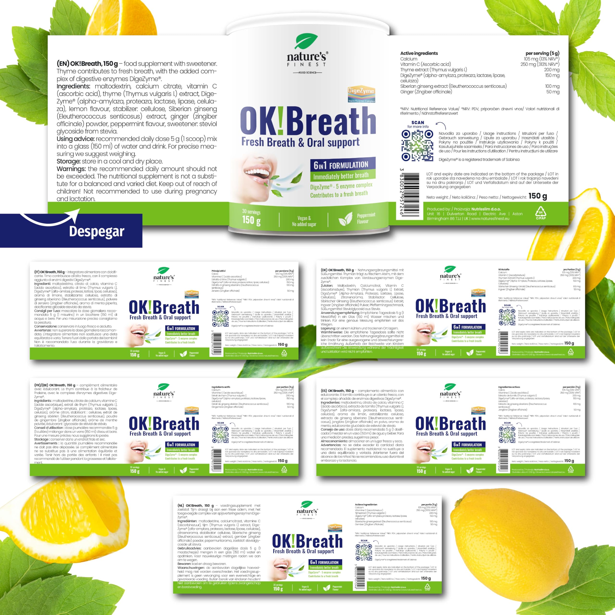 Nature's Finest OK!Breath, Bebida en Polvo 300 g (Paquete de 2) | bebida en polvo 6 en 1 con tomillo, DigeZyme, ginseng siberiano, jengibre, calcio y vitamina C - sabor limón y menta