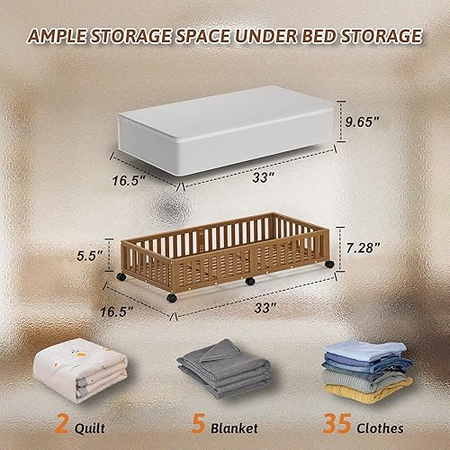 Miniatura 6 de Contenedores de almacenamiento de bambú debajo de la cama con ruedas, paquete de 2 cubos grandes para guardar zapatos debajo de la cama, organizador