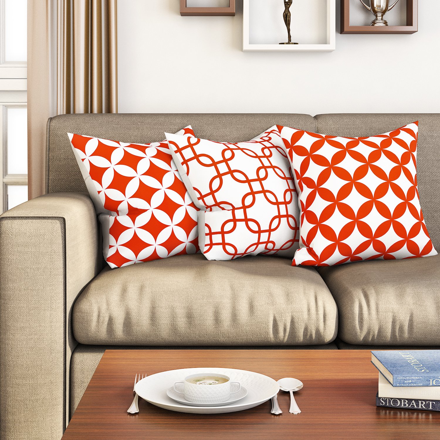 SEJ by Nisha Gupta Cushion Cover 16 Inch x 16 Inch Set of 3 | Printed Cotton Cushions for Sofa | Geometric HD Digital | Decorative Cushion Pillow | Square Pillow Covers for Sofa Living Room