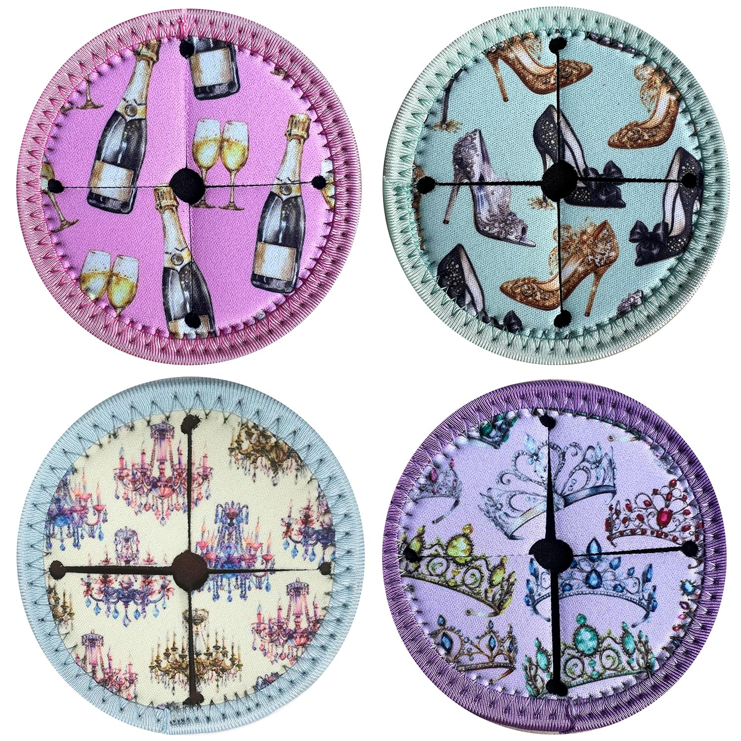 Set of 4 Themed Drink Coasters for Wine Glasses | Reusable Slip-On Stemmed Glass Coasters | No More Water Rings