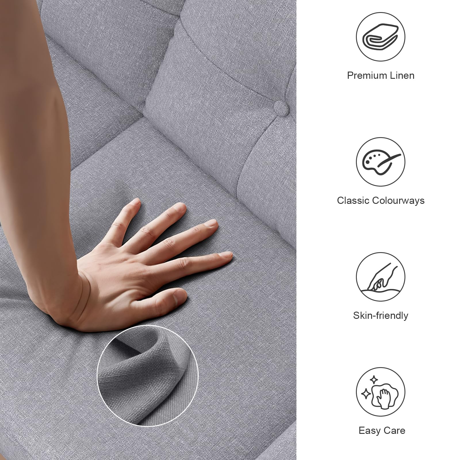 2-Sitzer Sofa, Dicke Kissen, 2 Kissen & Taschen (Grau) | Bequemes Leinen-Sofa, 2-Sitzer mit 2 Kissen, Seitentaschen, Ergonomisches Design & Einfache Montage für Wohnzimmer & Büro