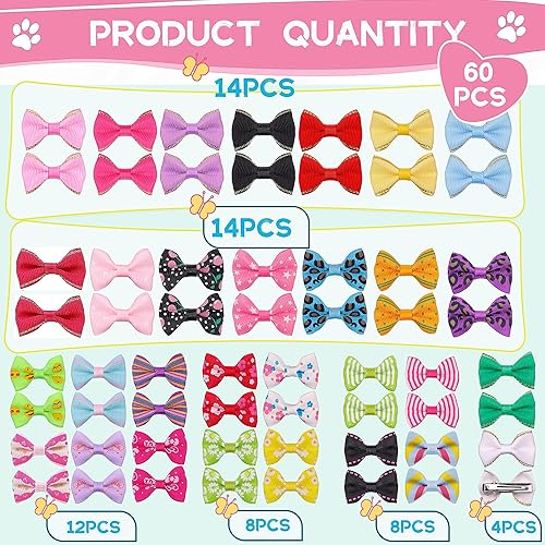 Miniatura 4 de Yaka - Lazos para el pelo de perro, 60 unidades, 30 pares, pequeños lazos con bandas de goma (o clips) hechos a mano, accesorios para el pelo, lazo,