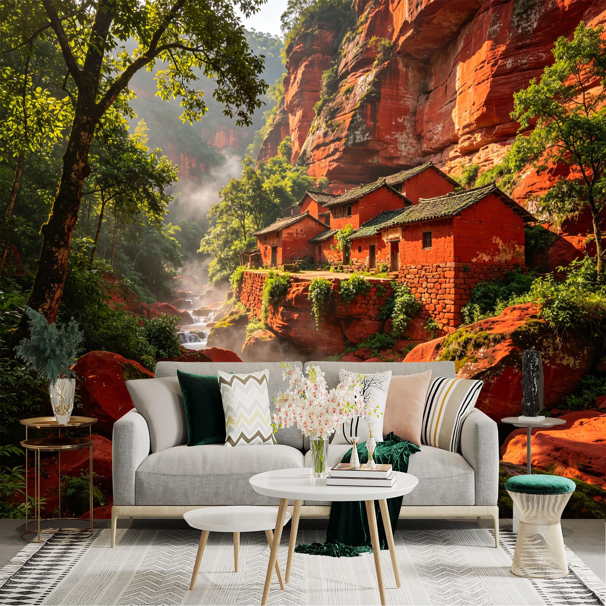 Custom Size Wall Sticker Mural， Red Cliff Village with River， Forest and Morning Mist， for wall Decoration， peelandstick wall Decals.