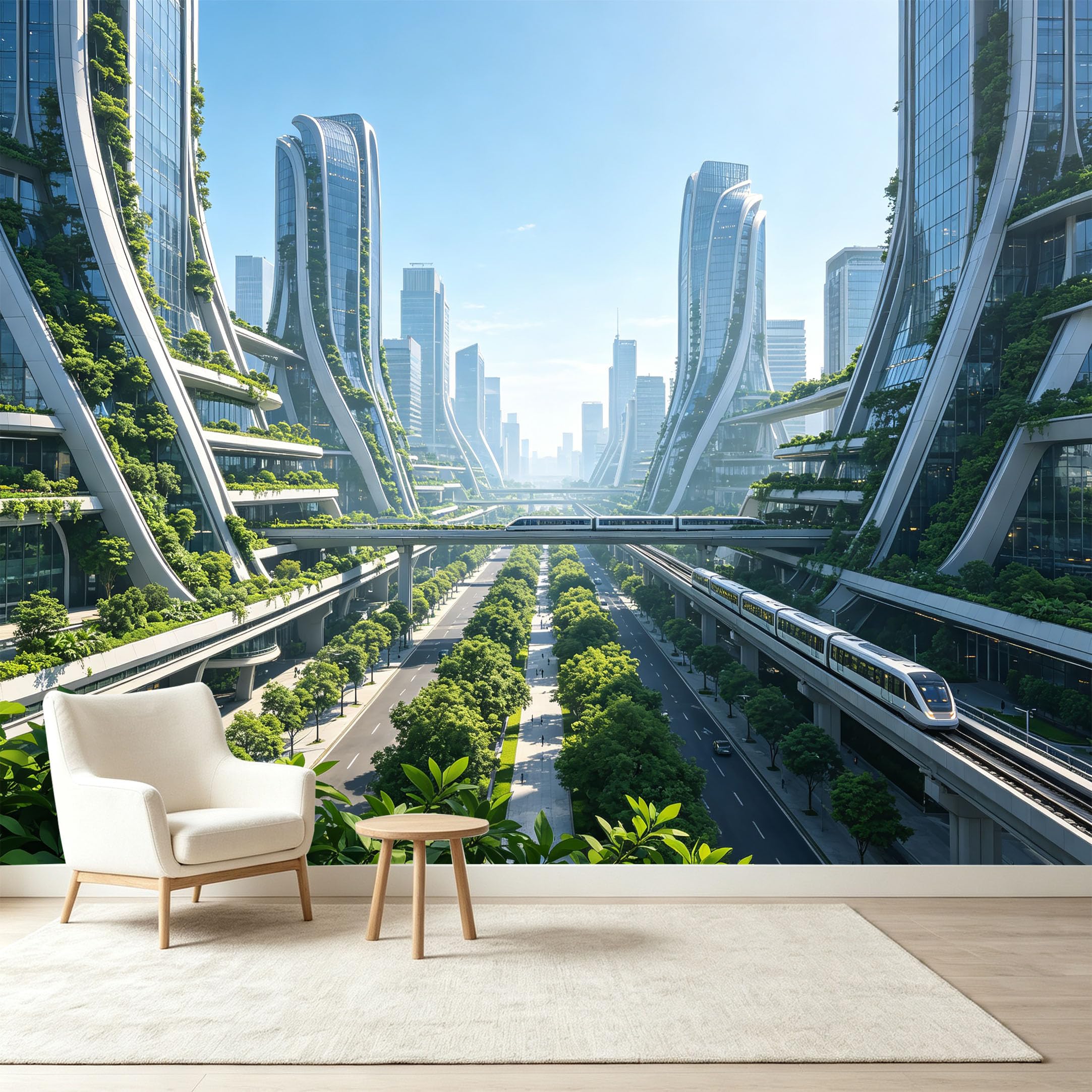 Custom Size Wall Murals Modern Futuristic Cityscape Skyscraper Architecture Monorail Self-Adhesive Wall Fabric Removable Wallpaper Wall Decor for Living Room Bedroom Bathroom