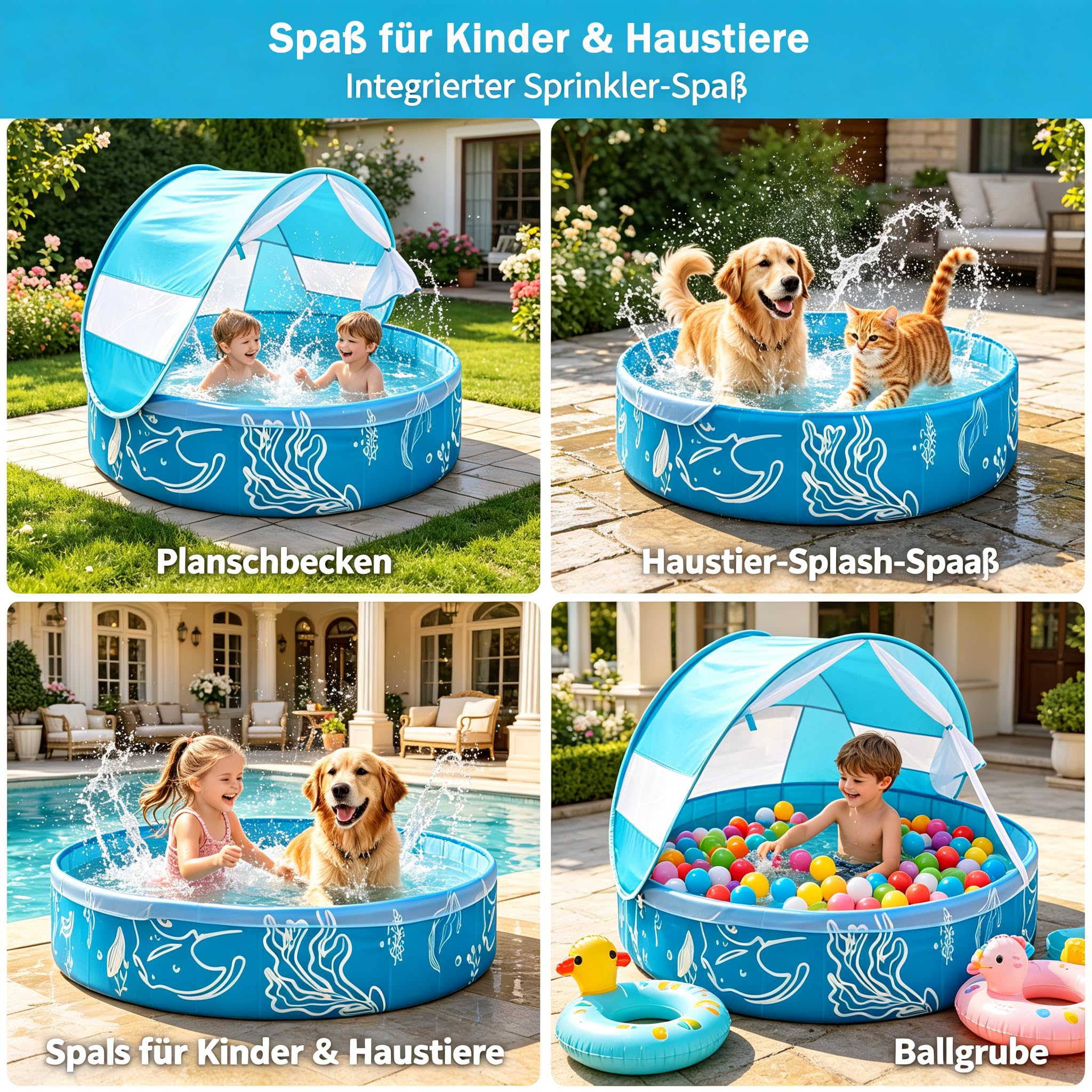 Kinderplanschbecken mit Sonnendach und Netz faltbar rutschfest Nicht | 120 X 30 Zentimeter Tragbarer Pool für Sommer Terrasse Park Reise Outdoor