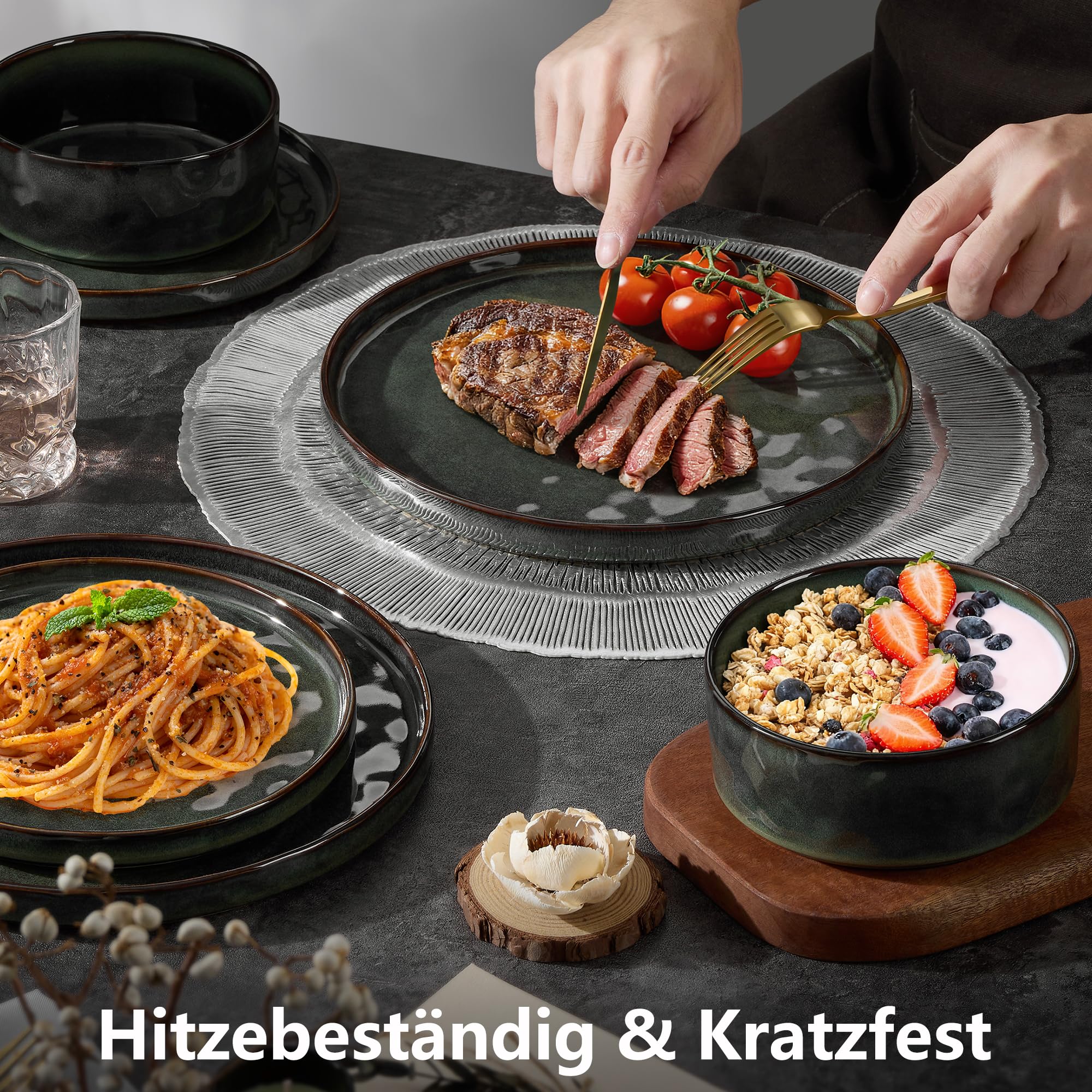Geschirrset, Onader 18 Teiliges Steinzeug Tafelservice Set, Müslischalen, Speiseteller und Dessertteller Set für 6 Personen, Anti-Kratzer und Mikrowellenfest – Reaktives Moosgrün