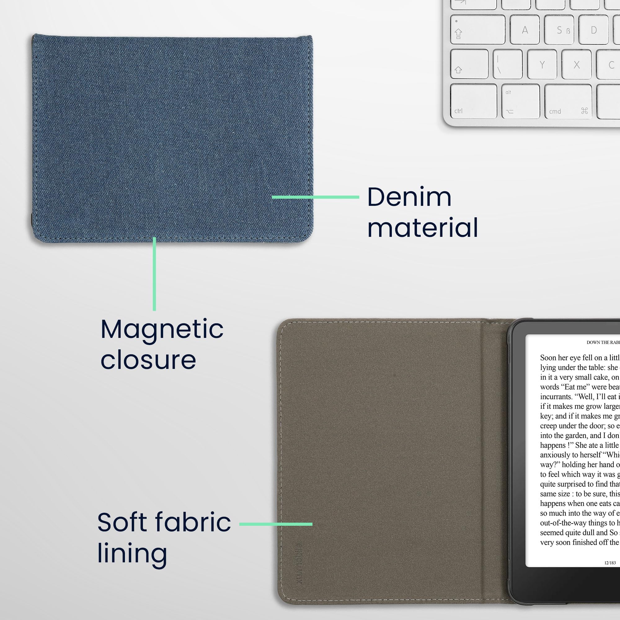 kwmobile Etui kompatybilne z Amazon Kindle Paperwhite (2024)/Colorsoft - etui na czytnik e-booków - etui z klapką z tkaniny o wyglądzie dżinsu - niebieskie