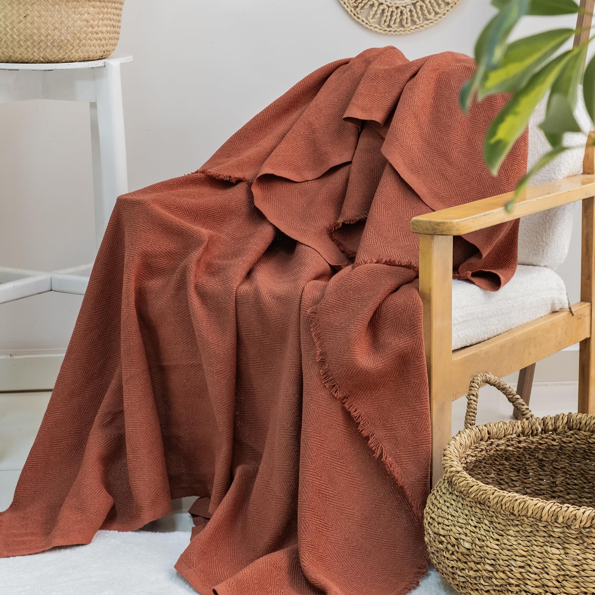 Cotton Throw Blanket | Soft Throws For Armchairs, Sofa, Settee | Single Bed Throw, Terracotta - 170 x 200 cm