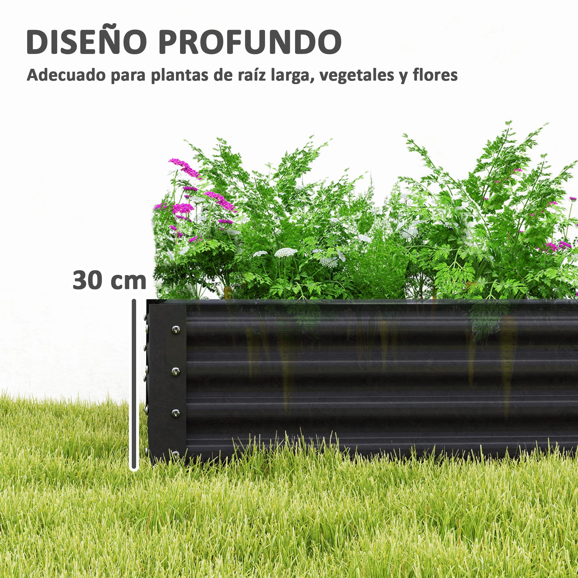 Outsunny Jardinera Elevada de Acero Galvanizado Huerto Urbano para Cultivar Plantas Flores Hierba Macetero Grande Exterior Rectangular con Fondo Abierto 180x90x30 cm Gris Oscuro