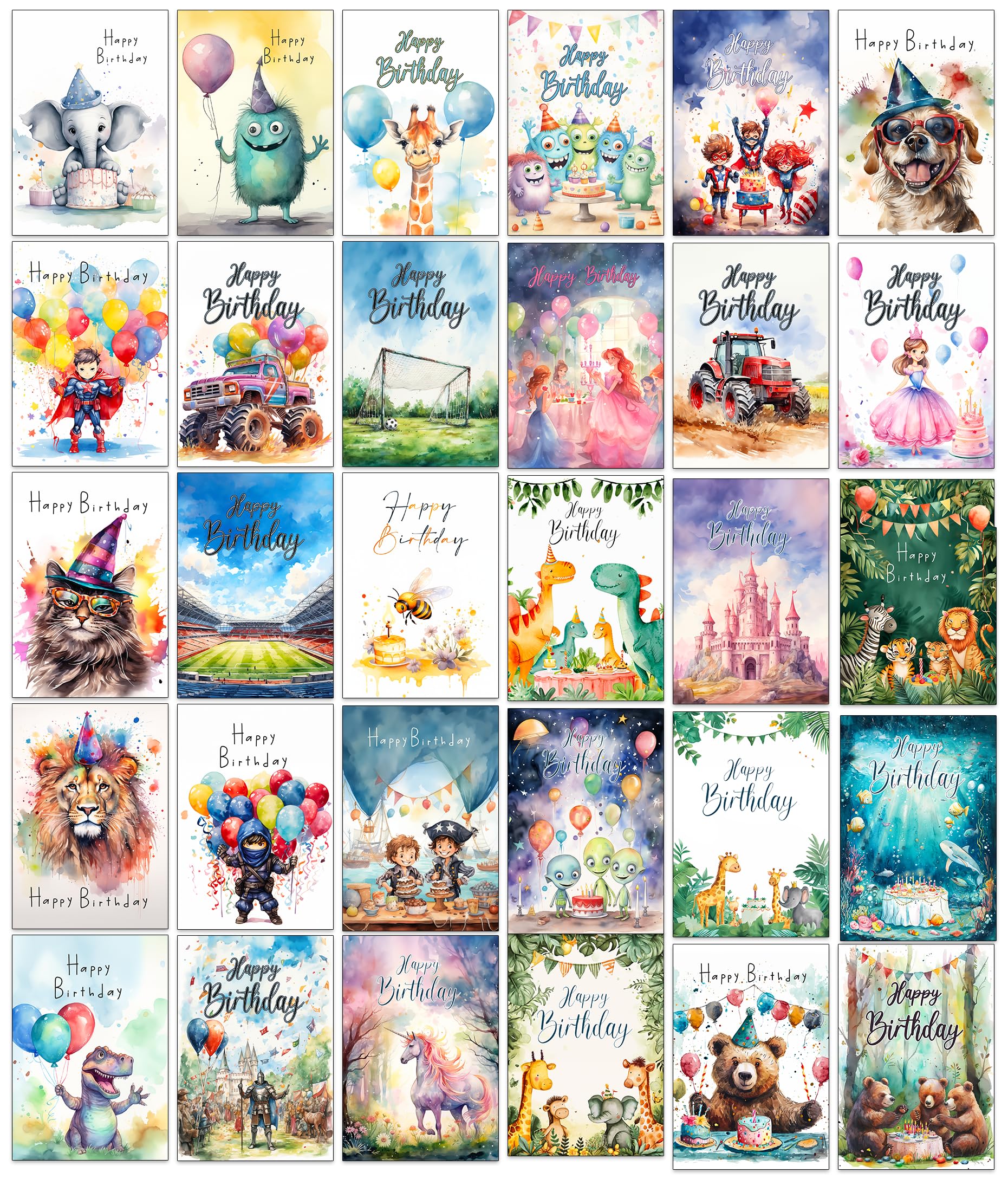 30 Different Bright and Fun Assorted Kids Birthday Cards with Envelopes ...