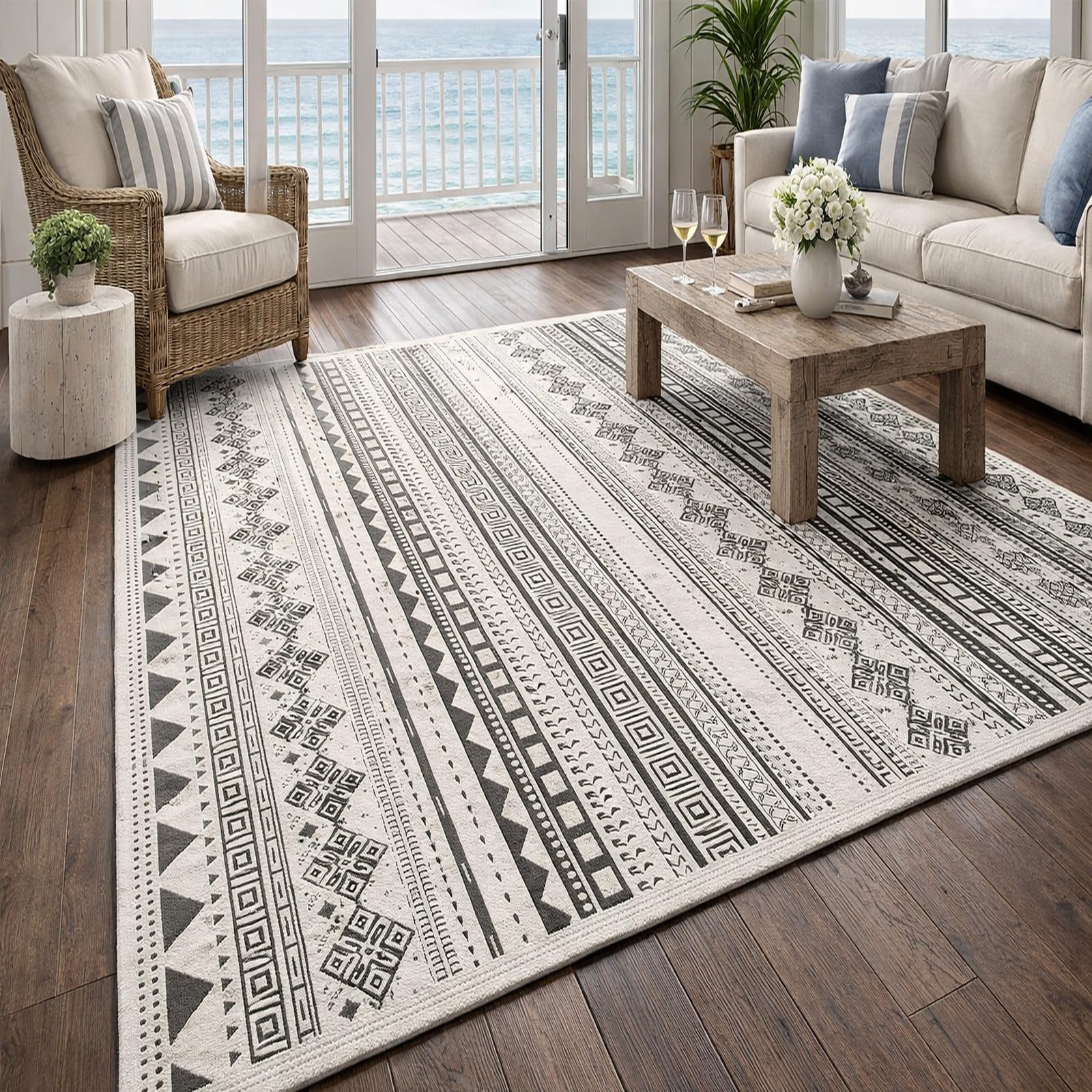 Tapis de salon géométrique noir et blanc 200 x 280 cm pour votre déco