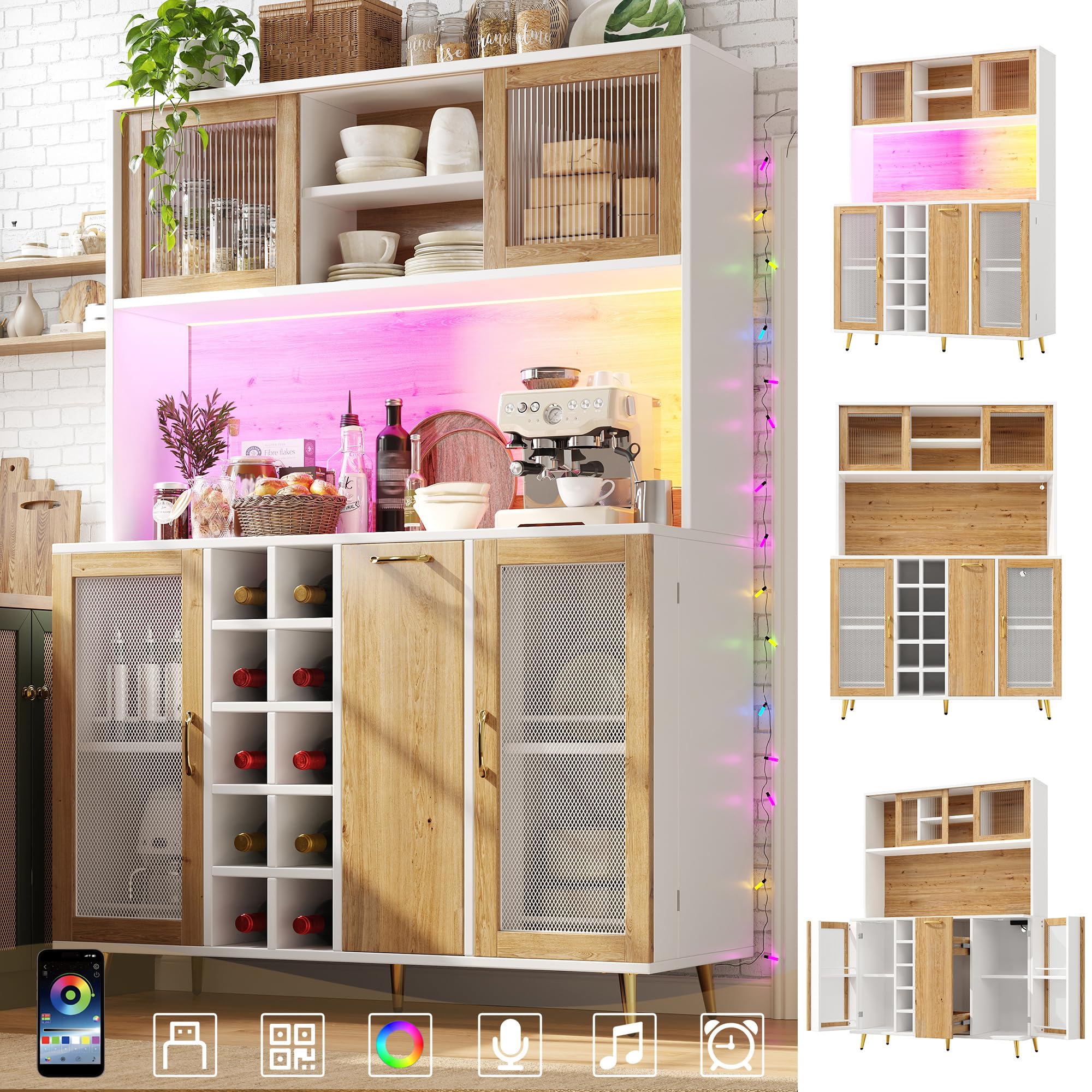 Multifunktions-Küchenschrank mit LED-Beleuchtung und Integrierte Steckdose, Hochschrank mit Weinregal und Snackregal, Buffetschrank mit 5 Türen und Offene Regale, Weiß-C, 120x40x170 cm