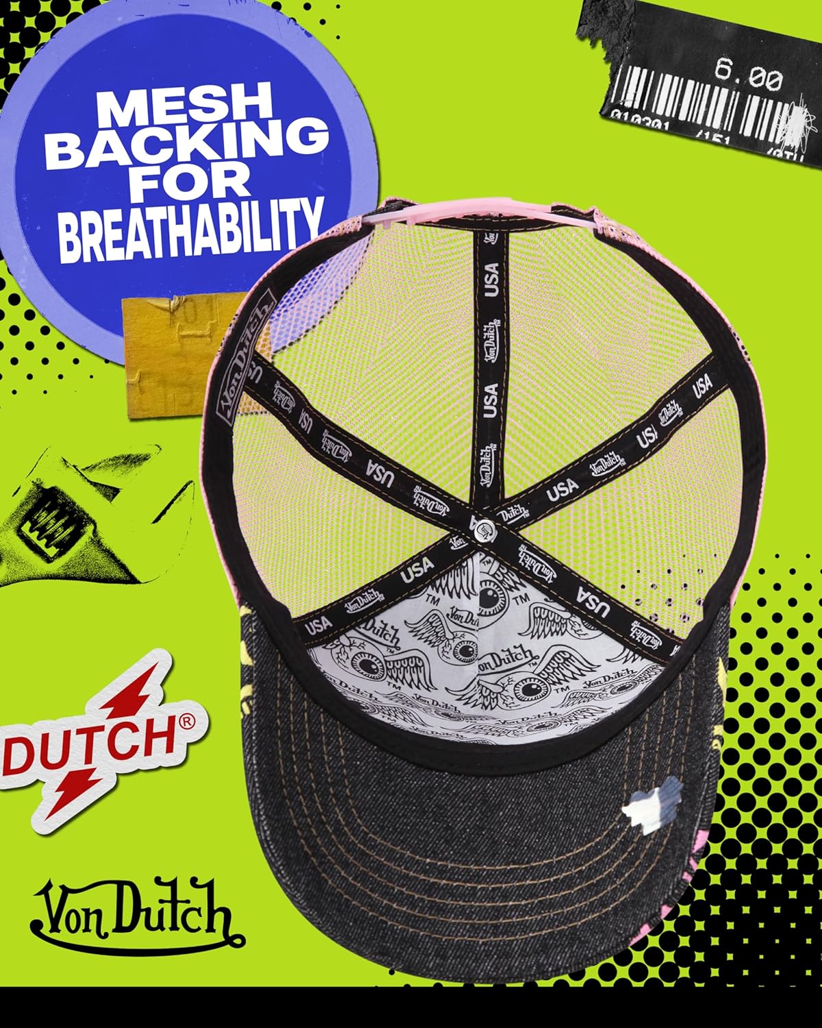 Von Dutch Monogram Trucker Cap - Retro Snapback Cap for Men and Women - Adjustable Snap Fit Panel, Mesh Rear, Curved Bill