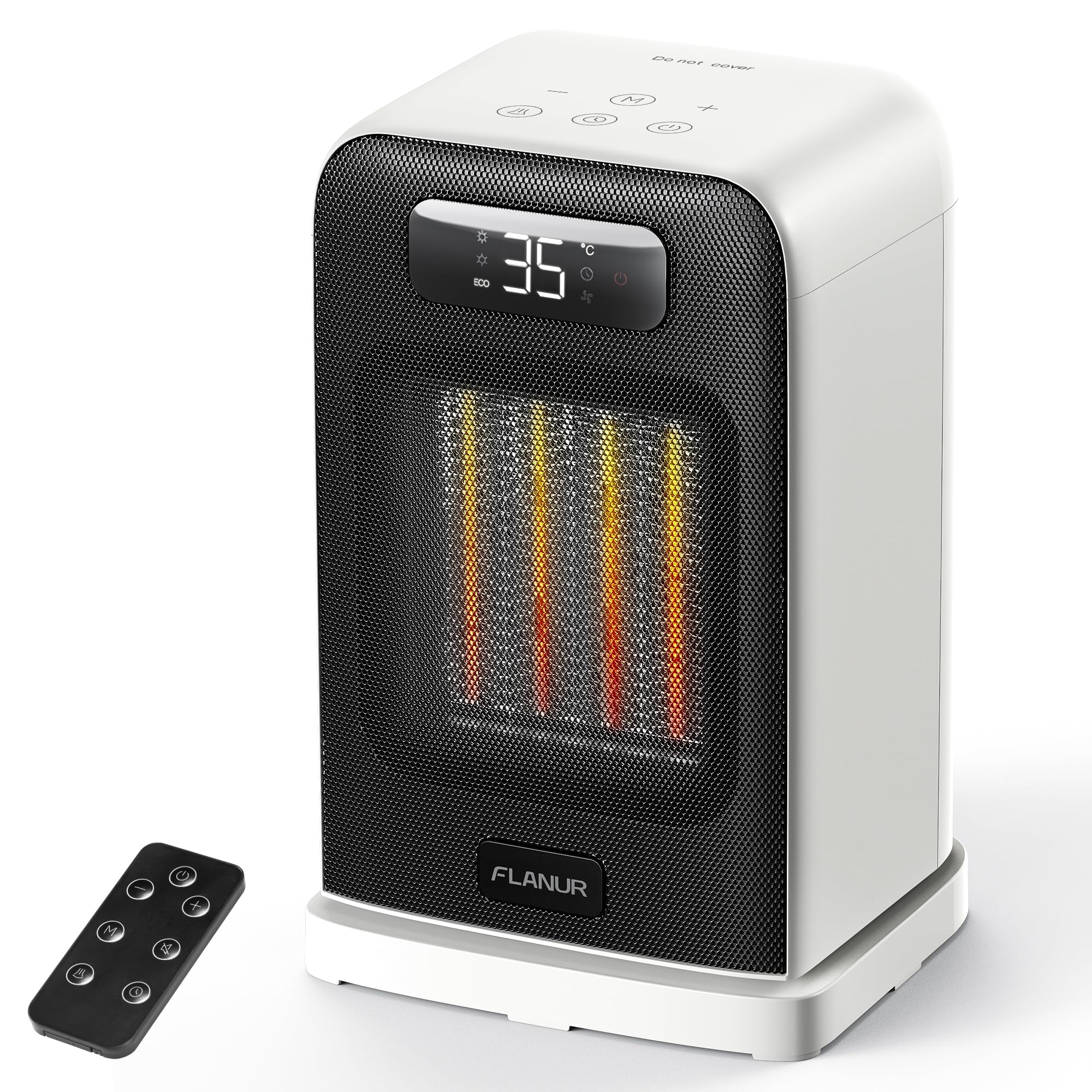 FLANUR Electric Heater, 1500W Portable Heater for Home with Thermostat, Silent PTC Ceramic Space Heater with 4 Modes, 70° Oscillation, 12H Timer & Remote, Digital Display, Fan Heater for Bedroom-White