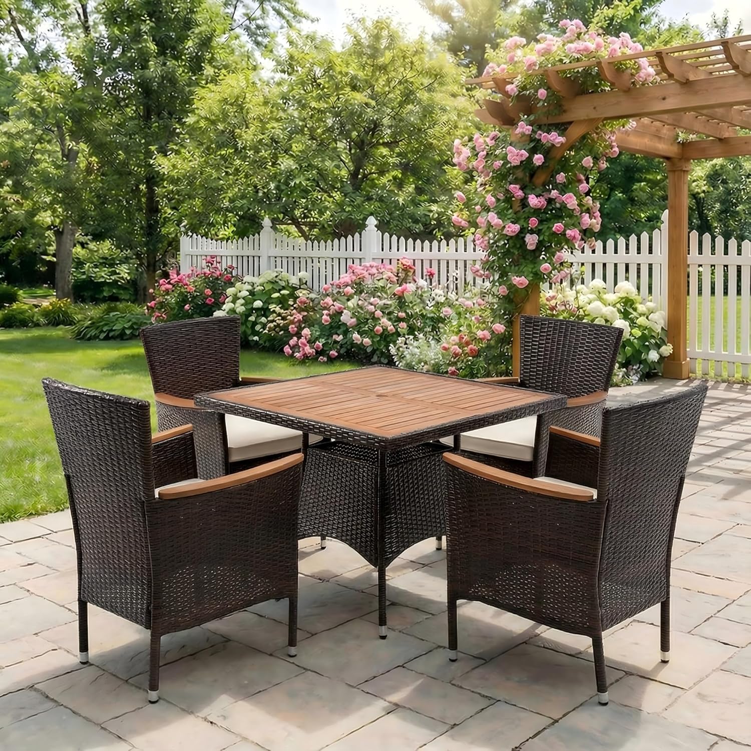 Green4ever Outdoor Patio Table and Chairs Sets with Removable Washable Cushions, Outdoor Patio Furniture Set with Acacia Wood Tabletop, 5-Pieces Outdoor Dining Set for Deck, Garden, Backyard, Brown