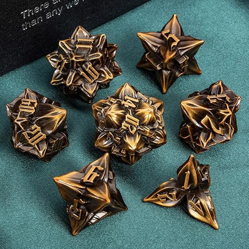 Miniatura 11 de ARUOHHA DND - Juego de dados de metal con diseño de números de hoja negra, dorados, dados poliédricos con caja, 7 dados D y D, juegos de rol D20