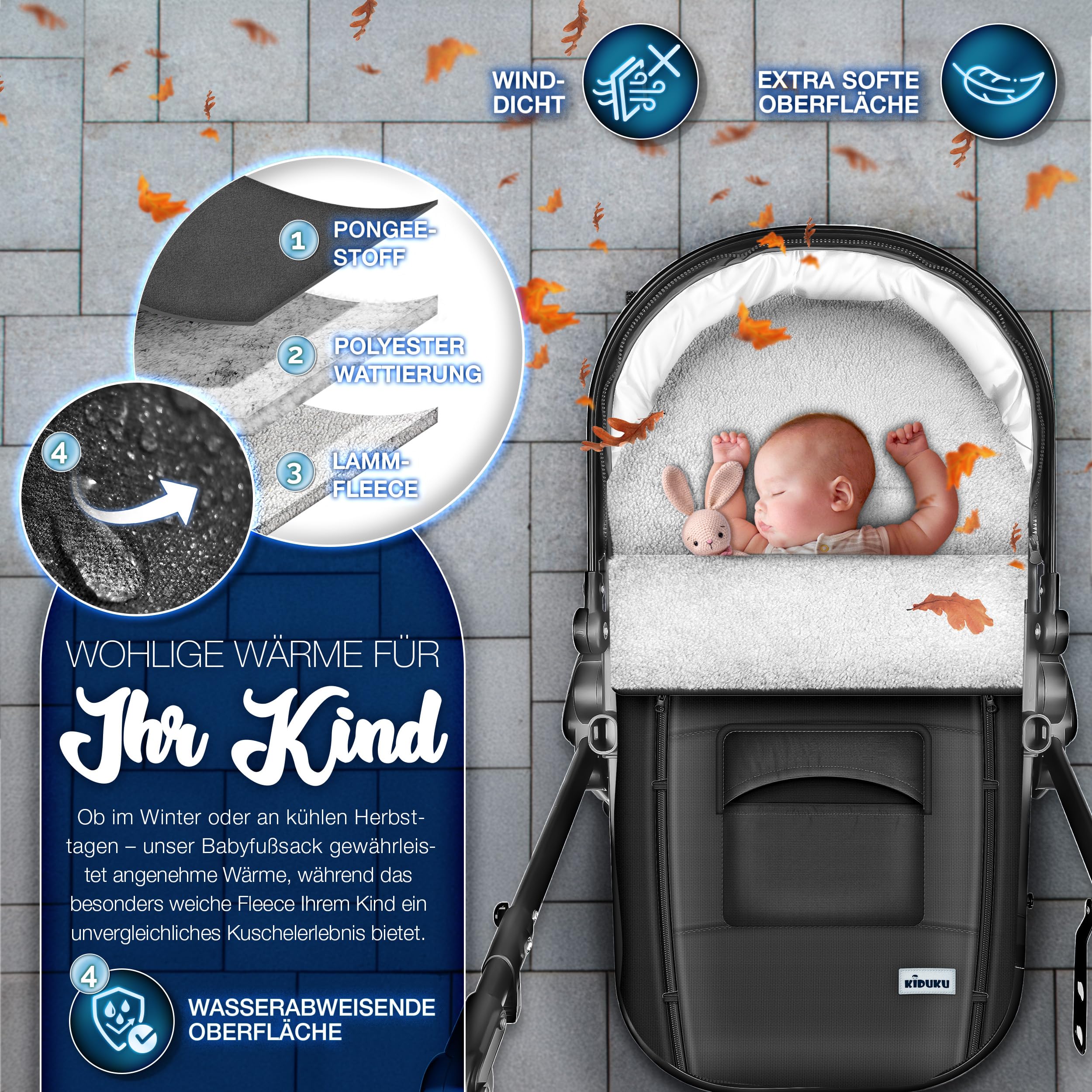 KIDUKU Winterfußsack für Kinderwagen Buggy - Babyfußsack waschbar | Fußsack Babyschale mit Reißverschluss & Tasche